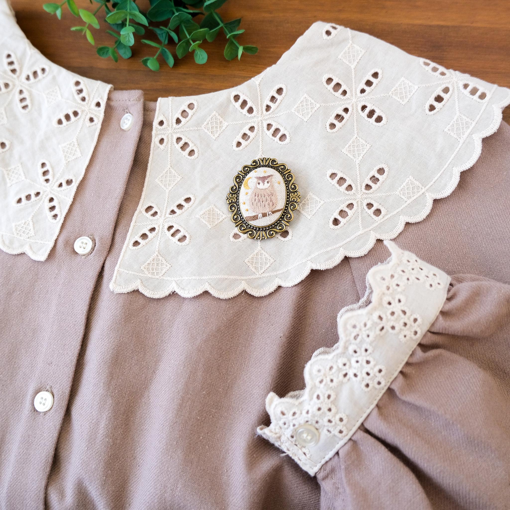 【受注制作】森の仲間たちのブローチ(フクロウ)　＊刺繍 | 3枚目