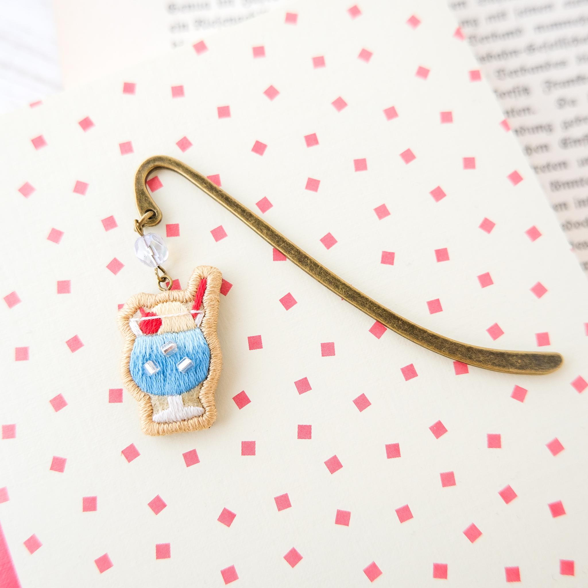 cafeブックマーカー(クリームソーダ・ブルー)　＊刺繍