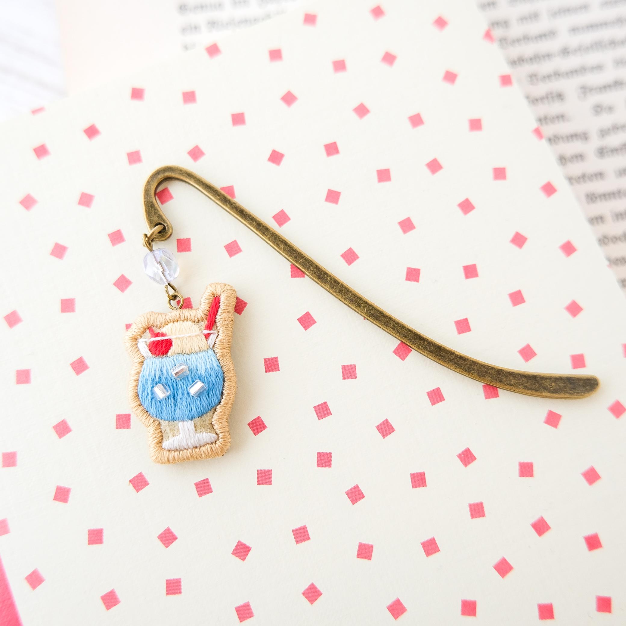 cafeブックマーカー(クリームソーダ・ブルー)　＊刺繍1枚目の画像